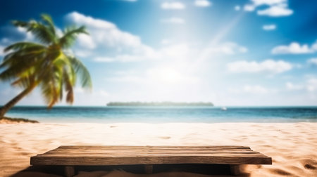 Empty wooden desk or wooden floor space and summer sea side sunny day on background. Product display montage. template web site design.の素材