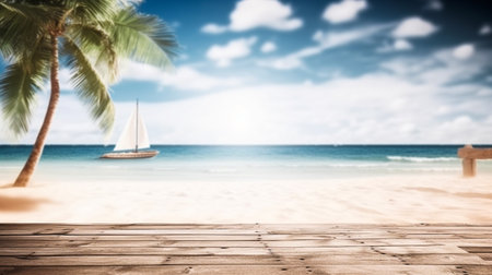 Empty wooden desk or wooden floor space and summer sea side sunny day on background. Product display montage. template web site design.の素材