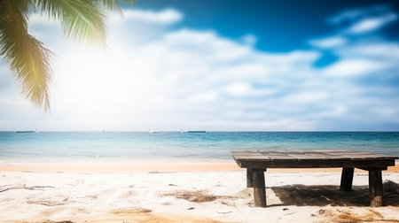 Empty wooden desk or wooden floor space and summer sea side sunny day on background. Product display montage. template web site design.の素材