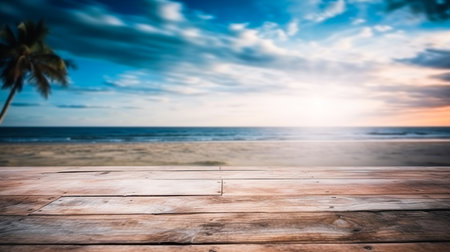 Empty wooden desk or wooden floor space and summer sea side sunny day on background. Product display montage. template web site design.の素材