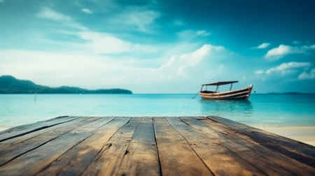 Empty wooden desk or wooden floor space and summer sea side sunny day on background. Product display montage. template web site design.の素材