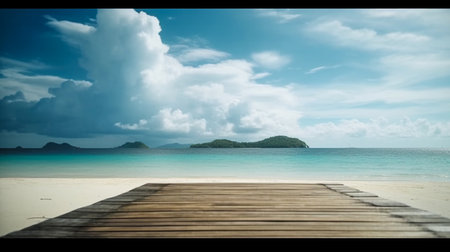 Empty wooden desk or wooden floor space and summer sea side sunny day on background. Product display montage. template web site design.の素材