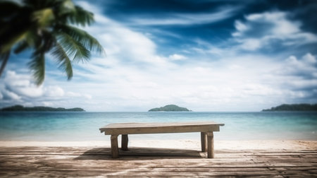 Empty wooden desk or wooden floor space and summer sea side sunny day on background. Product display montage. template web site design.の素材