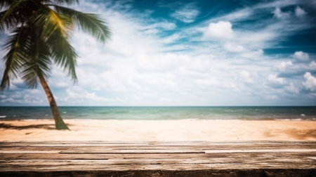 Empty wooden desk or wooden floor space and summer sea side sunny day on background. Product display montage. template web site design.の素材