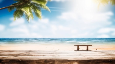 Empty wooden desk or wooden floor space and summer sea side sunny day on background. Product display montage. template web site design.の素材