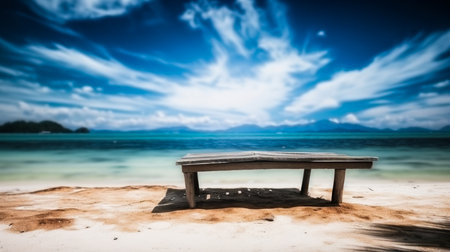 Empty wooden desk or wooden floor space and summer sea side sunny day on background. Product display montage. template web site design.の素材