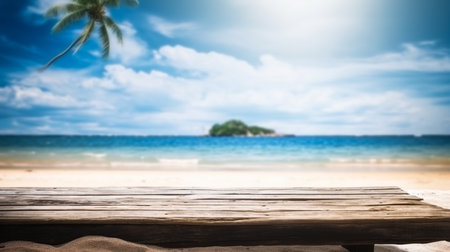 Empty wooden desk or wooden floor space and summer sea side sunny day on background. Product display montage. template web site design.の素材
