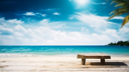 Empty wooden desk or wooden floor space and summer sea side sunny day on background. Product display montage. template web site design.の素材