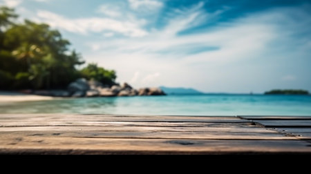 Empty wooden desk or wooden floor space and summer sea side sunny day on background. Product display montage. template web site design.の素材