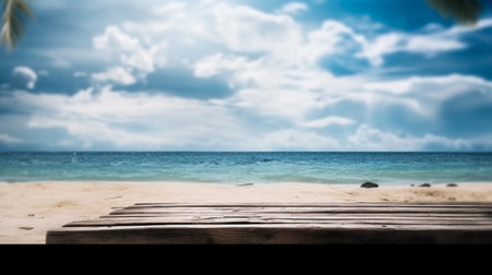Empty wooden desk or wooden floor space and summer sea side sunny day on background. Product display montage. template web site design.の素材