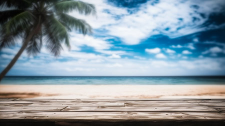 Empty wooden desk or wooden floor space and summer sea side sunny day on background. Product display montage. template web site design.の素材