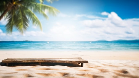 Empty wooden desk or wooden floor space and summer sea side sunny day on background. Product display montage. template web site design.の素材