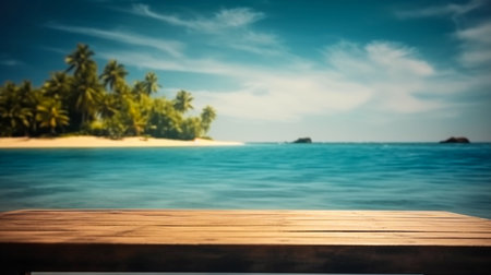 Empty wooden desk or wooden floor space and summer sea side sunny day on background. Product display montage. template web site design.の素材