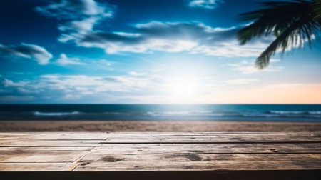 Empty wooden desk or wooden floor space and summer sea side sunny day on background. Product display montage. template web site design.の素材