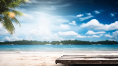 Empty wooden desk or wooden floor space and summer sea side sunny day on background. Product display montage. template web site design.の素材