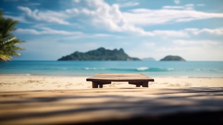 Empty wooden desk or wooden floor space and summer sea side sunny day on background. Product display montage. template web site design.の素材