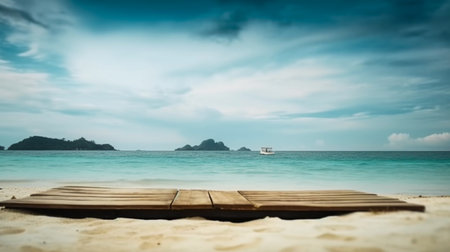 Empty wooden desk or wooden floor space and summer sea side sunny day on background. Product display montage. template web site design.の素材