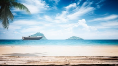 Empty wooden desk or wooden floor space and summer sea side sunny day on background. Product display montage. template web site design.の素材