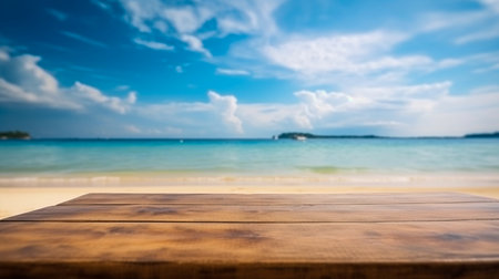 Empty wooden desk or wooden floor space and summer sea side sunny day on background. Product display montage. template web site design.の素材
