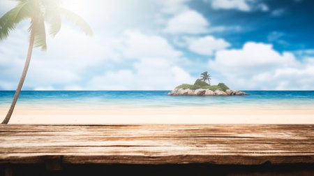 Empty wooden desk or wooden floor space and summer sea side sunny day on background. Product display montage. template web site design.の素材