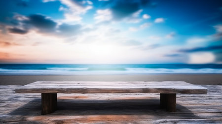 Empty wooden desk or wooden floor space and summer sea side sunny day on background. Product display montage. template web site design.の素材
