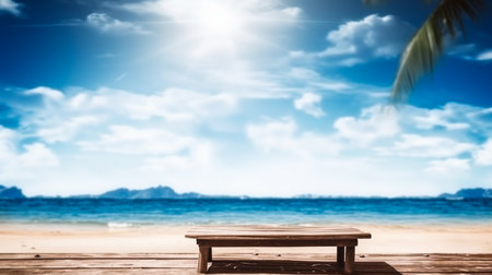 Empty wooden desk or wooden floor space and summer sea side sunny day on background. Product display montage. template web site design.の素材