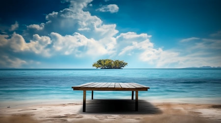 Empty wooden desk or wooden floor space and summer sea side sunny day on background. Product display montage. template web site design.の素材