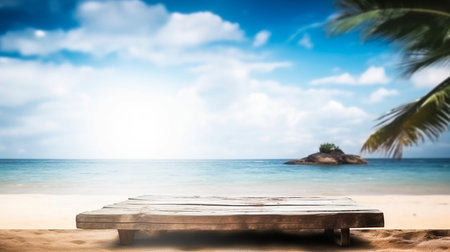Empty wooden desk or wooden floor space and summer sea side sunny day on background. Product display montage. template web site design.の素材