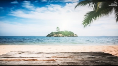 Empty wooden desk or wooden floor space and summer sea side sunny day on background. Product display montage. template web site design.の素材