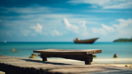 Empty wooden desk or wooden floor space and summer sea side sunny day on background. Product display montage. template web site design.の素材