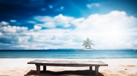 Empty wooden desk or wooden floor space and summer sea side sunny day on background. Product display montage. template web site design.の素材