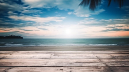 Empty wooden desk or wooden floor space and summer sea side sunny day on background. Product display montage. template web site design.の素材