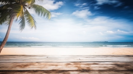 Empty wooden desk or wooden floor space and summer sea side sunny day on background. Product display montage. template web site design.の素材