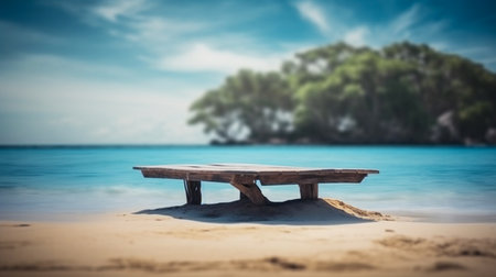 Empty wooden desk or wooden floor space and summer sea side sunny day on background. Product display montage. template web site design.の素材