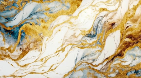 Abstract Natural Luxury. Style incorporates the swirls of marble or the ripples of agate. Dark blue, white and gold color. Generative Ai.の素材