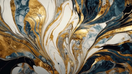 Abstract Natural Luxury. Style incorporates the swirls of marble or the ripples of agate. Dark blue, white and gold color. Generative Ai.の素材