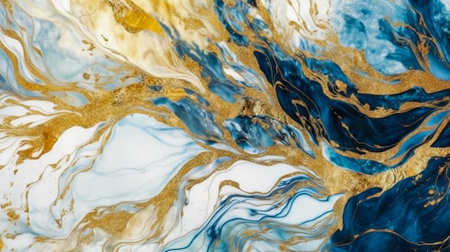 Abstract Natural Luxury. Style incorporates the swirls of marble or the ripples of agate. blue, white and gold color. Generative Ai.の素材