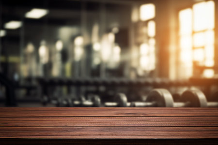 Blurred background of fitness gym and wooden table free space for product display.の写真素材