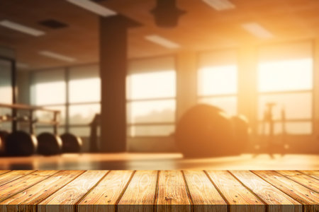 Blurred background of fitness gym and wooden table free space for product display.の写真素材