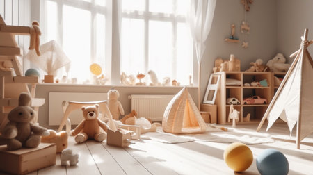 Interior of children's room with wooden toys. 3d renderingの素材