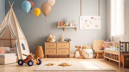 Interior of childrens room with kid toys. Presentation for background. Generative Ai.の素材