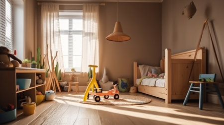 Interior of childrens room with kid toys. Presentation for background. Generative Ai.の素材