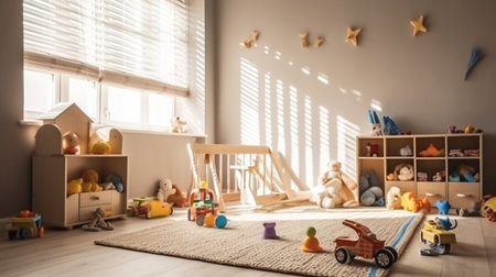 Interior of childrens room with kid toys. Presentation for background. Generative Ai.の素材