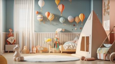 Interior of childrens room with kid toys. Presentation for background. Generative Ai.の素材