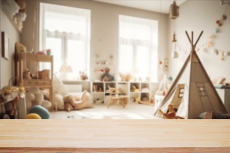 Empty wood table over blur background of childrens room with kid toys. Product display presentation.の写真素材
