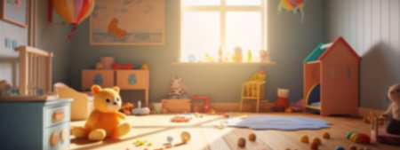 Blur background of childrens room with kid toys. Product display banner presentation.の写真素材