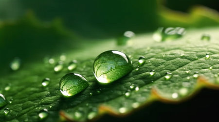 A green leaf with water droplets surface, with a dark green background. generative ai.の素材