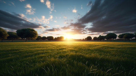 Extensive lawn and blue sky, white clouds and the sun set on the horizon land scape. Generative Ai.の素材