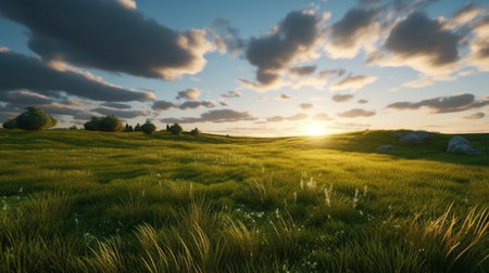 Extensive lawn and blue sky, white clouds and the sun set on the horizon land scape. Generative Ai.の素材