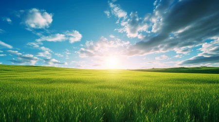 Land scape image of Extensive lawn and blue sky, white clouds and the sun on the horizon. Generative Ai.の素材